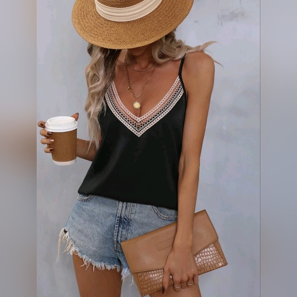 NEW Boho Crochet Lace V Neck Cami Tank Top Blouse Black Tan - Picture 6 of 9